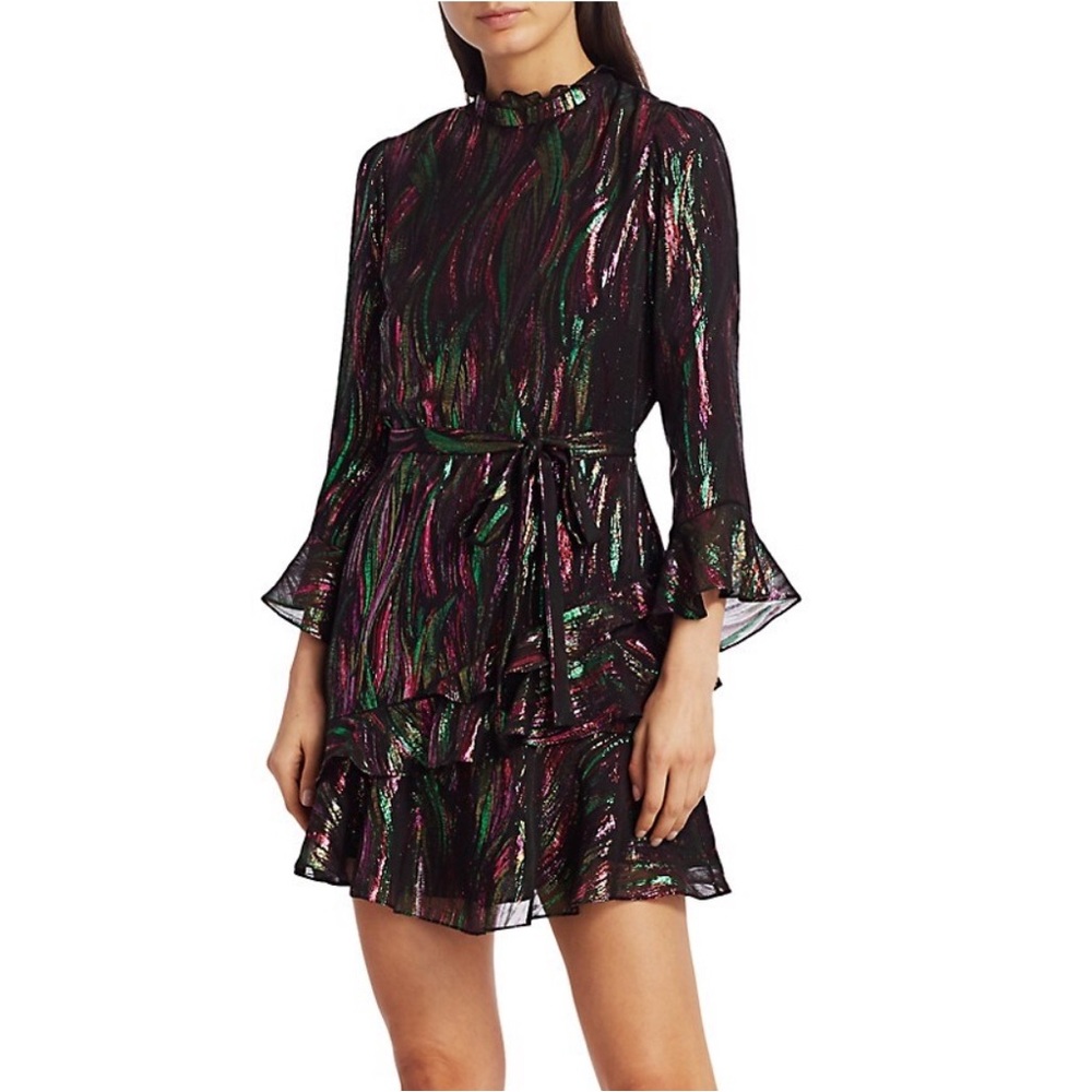 NWT Saloni Women’s Marissa Ruffled Metallic Silk-Blend Jacquard Dress, US 4/UK 8